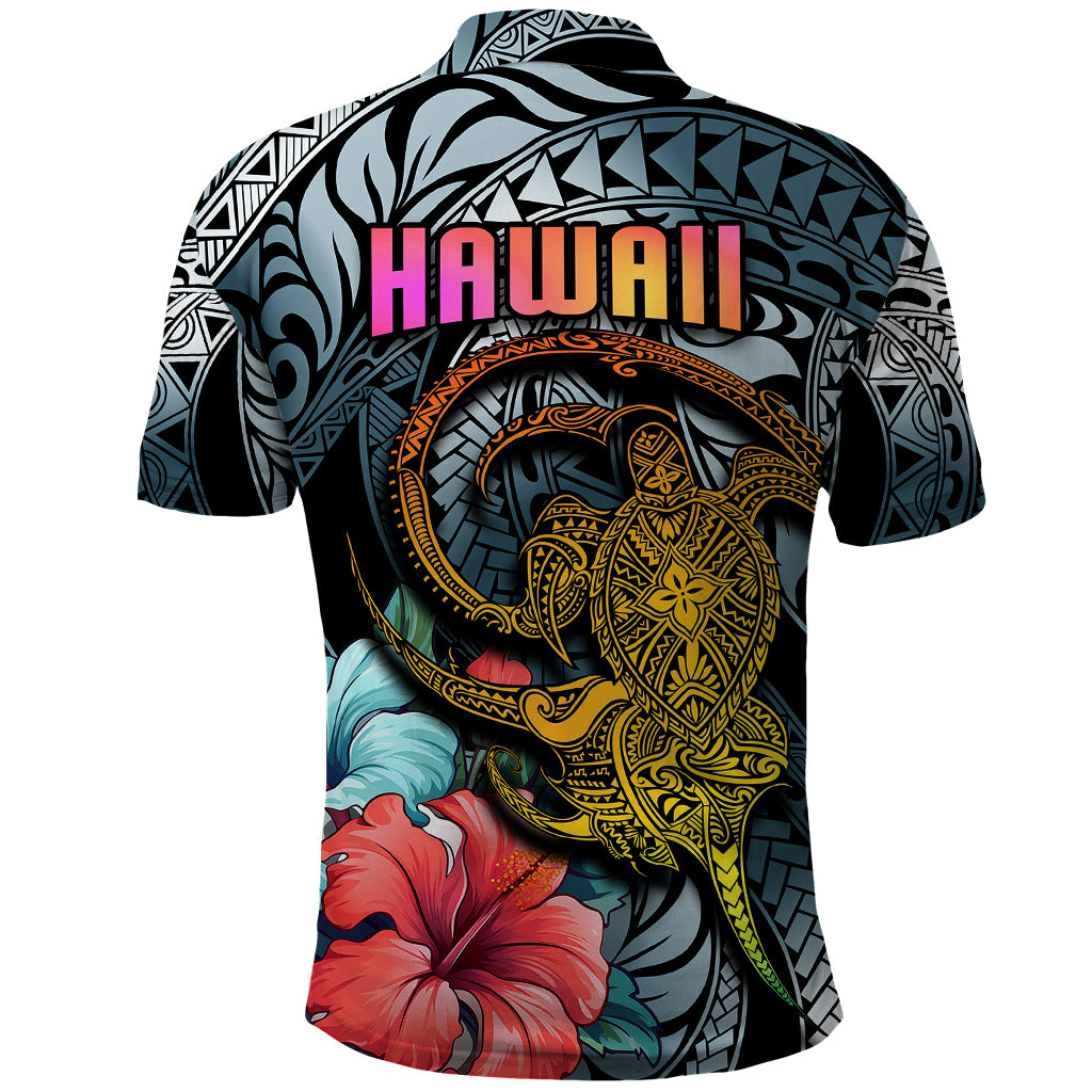 Hawaii Turtle Polo Shirt Hawaii Pattern and Turtle Tattoo Dark Cyan Gradient - Wonder Print Shop