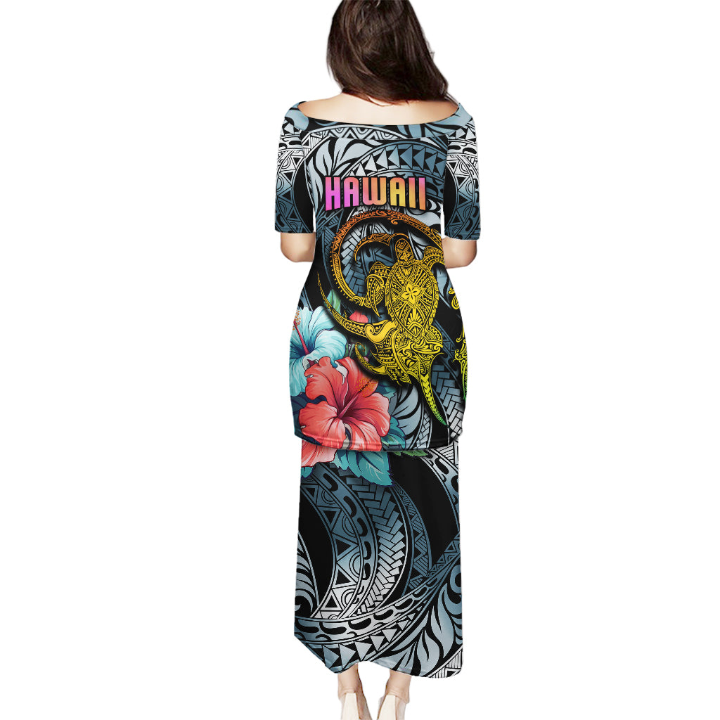 Hawaii Turtle Puletasi Hawaii Pattern and Turtle Tattoo Dark Cyan Gradient - Wonder Print Shop