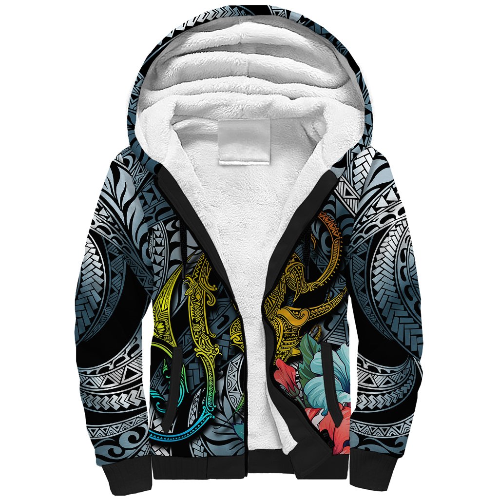 Hawaii Turtle Sherpa Hoodie Hawaii Pattern and Turtle Tattoo Dark Cyan Gradient - Wonder Print Shop