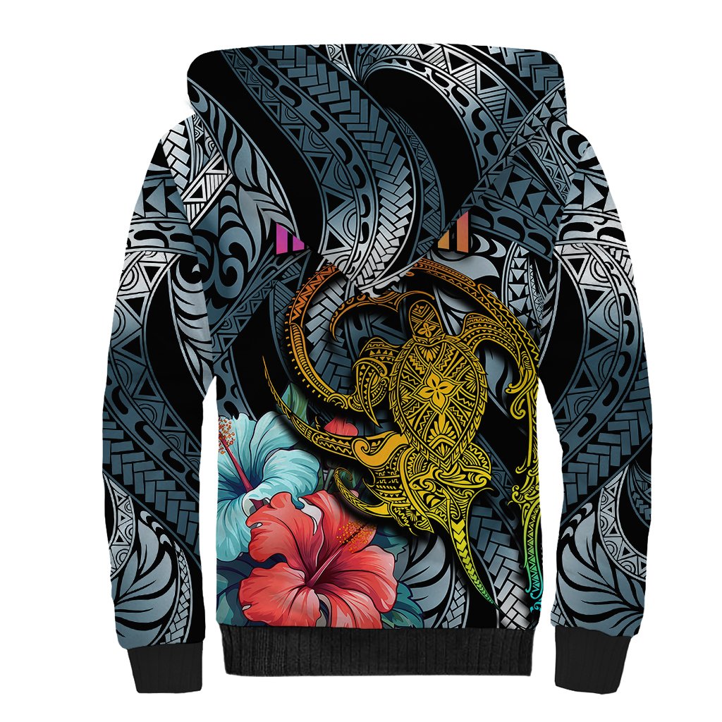 Hawaii Turtle Sherpa Hoodie Hawaii Pattern and Turtle Tattoo Dark Cyan Gradient - Wonder Print Shop