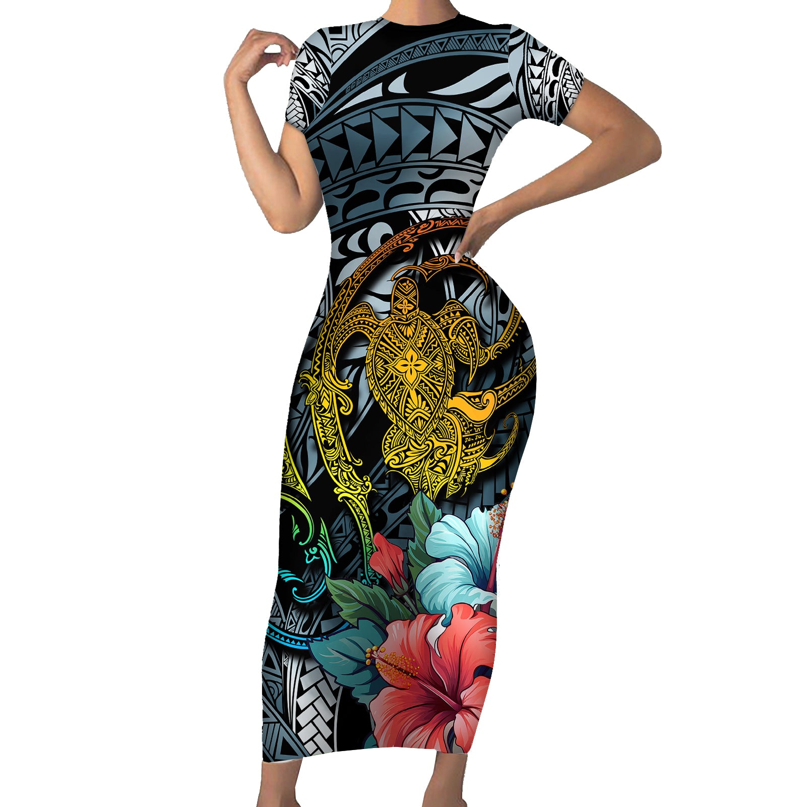 Hawaii Turtle Short Sleeve Bodycon Dress Hawaii Pattern and Turtle Tattoo Dark Cyan Gradient - Wonder Print Shop