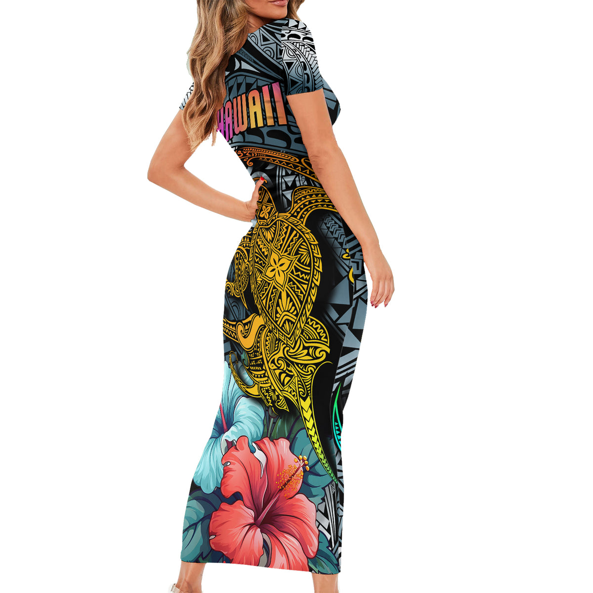 Hawaii Turtle Short Sleeve Bodycon Dress Hawaii Pattern and Turtle Tattoo Dark Cyan Gradient - Wonder Print Shop