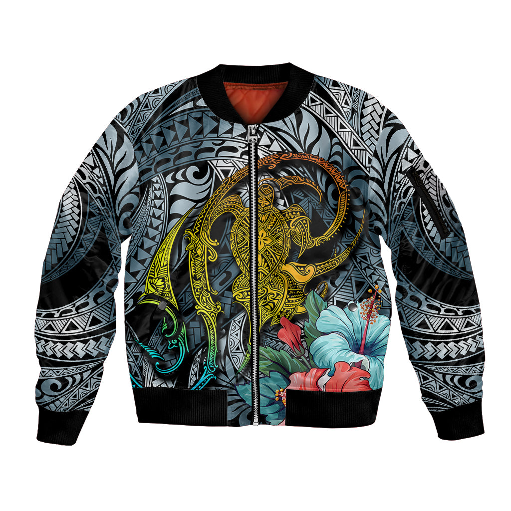 Hawaii Turtle Sleeve Zip Bomber Jacket Hawaii Pattern and Turtle Tattoo Dark Cyan Gradient - Wonder Print Shop