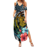 Hawaii Turtle Summer Maxi Dress Hawaii Pattern and Turtle Tattoo Dark Cyan Gradient - Wonder Print Shop