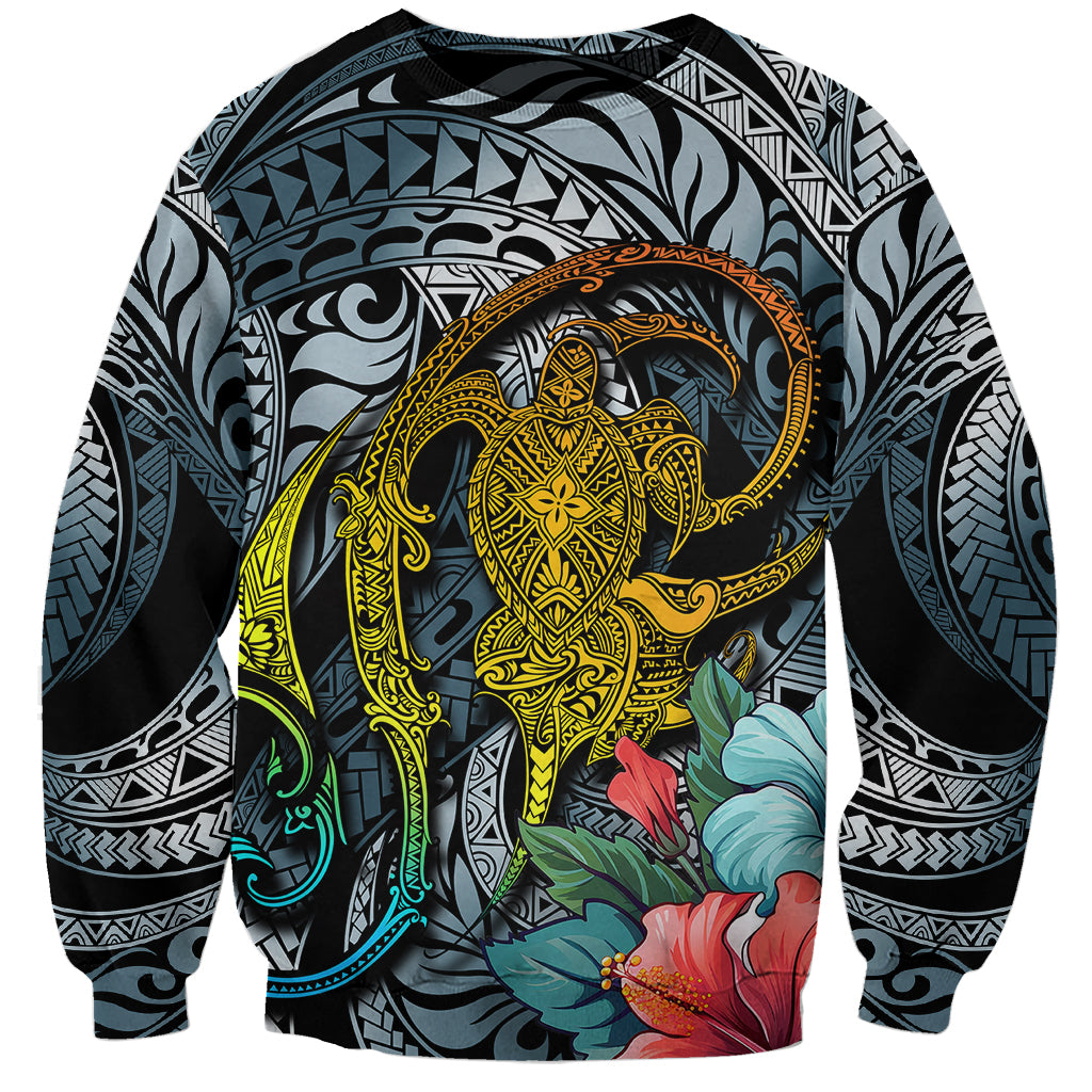 Hawaii Turtle Sweatshirt Hawaii Pattern and Turtle Tattoo Dark Cyan Gradient - Wonder Print Shop