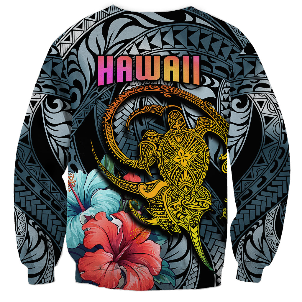 Hawaii Turtle Sweatshirt Hawaii Pattern and Turtle Tattoo Dark Cyan Gradient - Wonder Print Shop