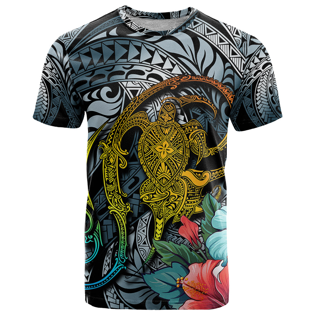 Hawaii Turtle T Shirt Hawaii Pattern and Turtle Tattoo Dark Cyan Gradient - Wonder Print Shop