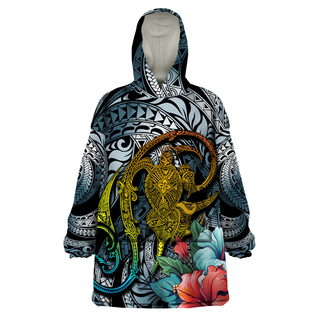 Hawaii Turtle Wearable Blanket Hoodie Hawaii Pattern and Turtle Tattoo Dark Cyan Gradient - Wonder Print Shop
