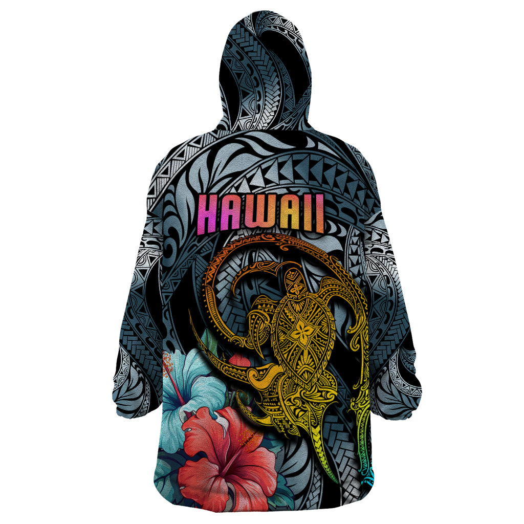 Hawaii Turtle Wearable Blanket Hoodie Hawaii Pattern and Turtle Tattoo Dark Cyan Gradient - Wonder Print Shop