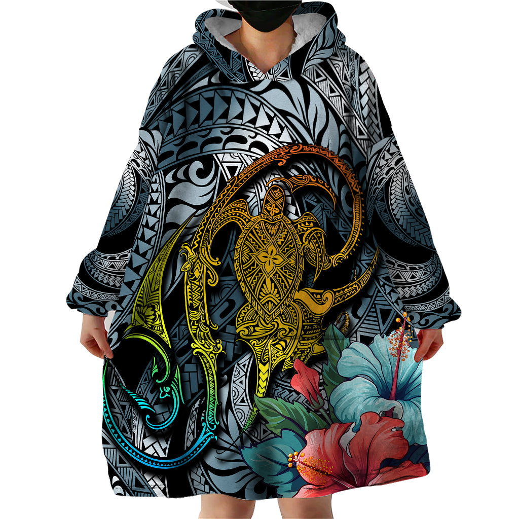 Hawaii Turtle Wearable Blanket Hoodie Hawaii Pattern and Turtle Tattoo Dark Cyan Gradient - Wonder Print Shop