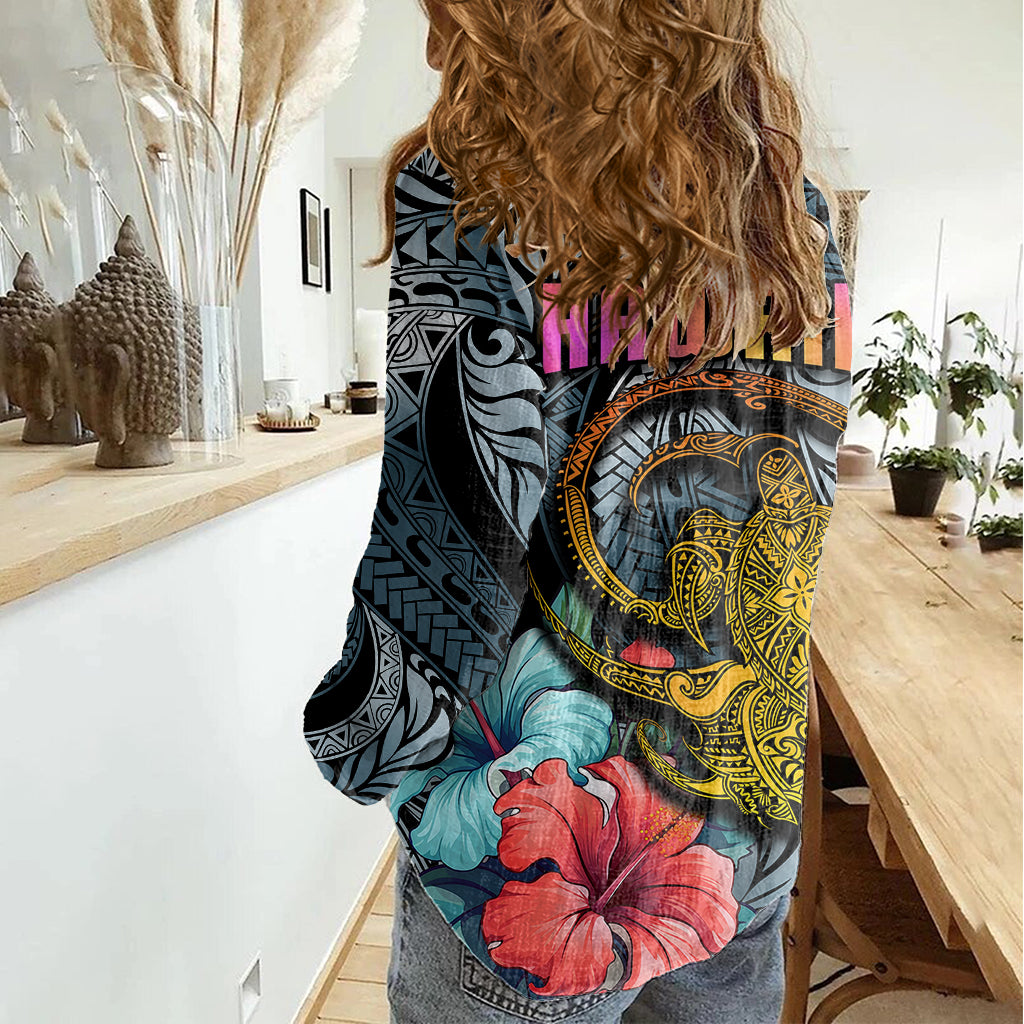 Hawaii Turtle Women Casual Shirt Hawaii Pattern and Turtle Tattoo Dark Cyan Gradient - Wonder Print Shop