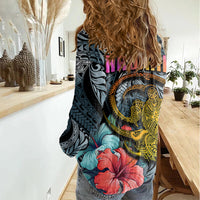 Hawaii Turtle Women Casual Shirt Hawaii Pattern and Turtle Tattoo Dark Cyan Gradient - Wonder Print Shop