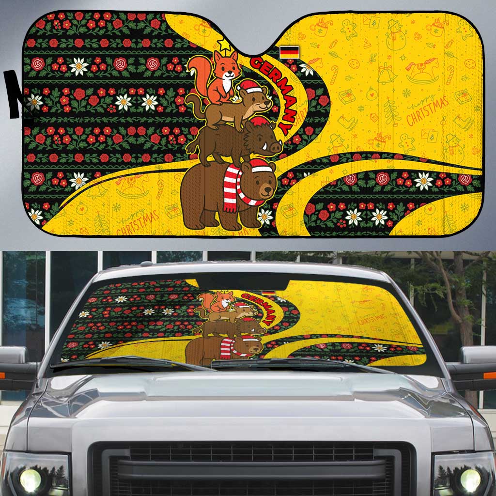 Germany Christmas Auto Sun Shade with Bear Boar Otter Squirrel and Holiday Pattern Design - Wonder Print Shop