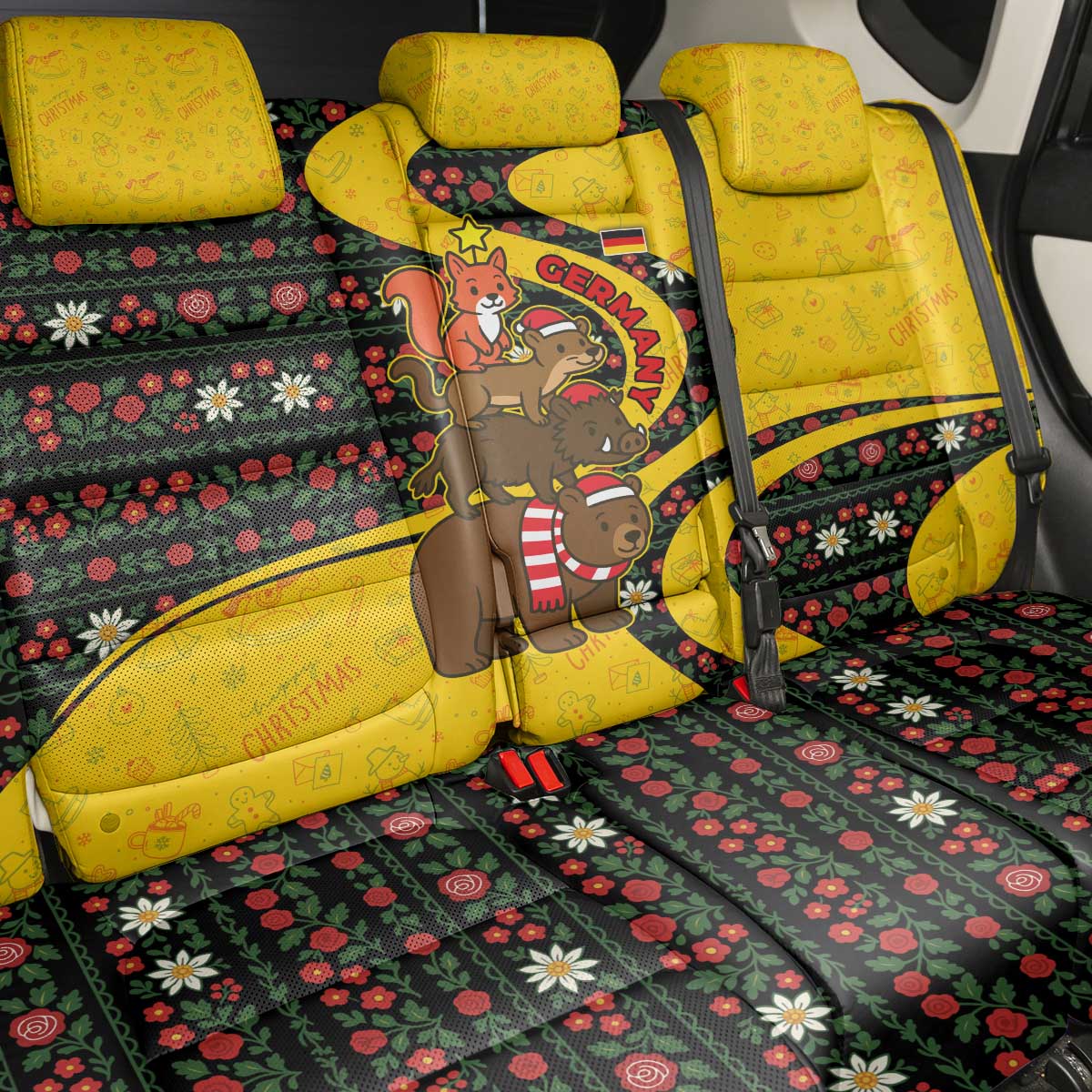 Germany Christmas Back Car Seat Cover with Bear Boar Otter Squirrel and Holiday Pattern Design - Wonder Print Shop