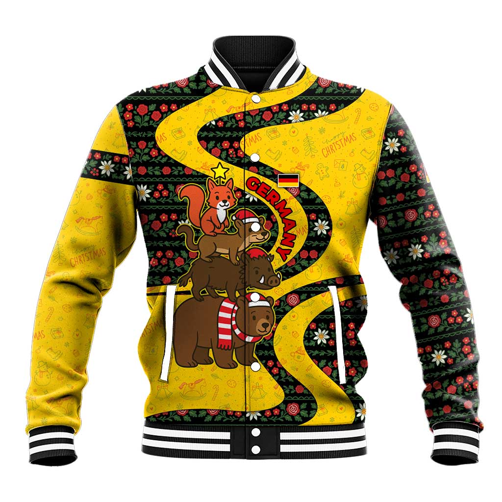 Germany Christmas Baseball Jacket with Bear Boar Otter Squirrel and Holiday Pattern Design - Wonder Print Shop