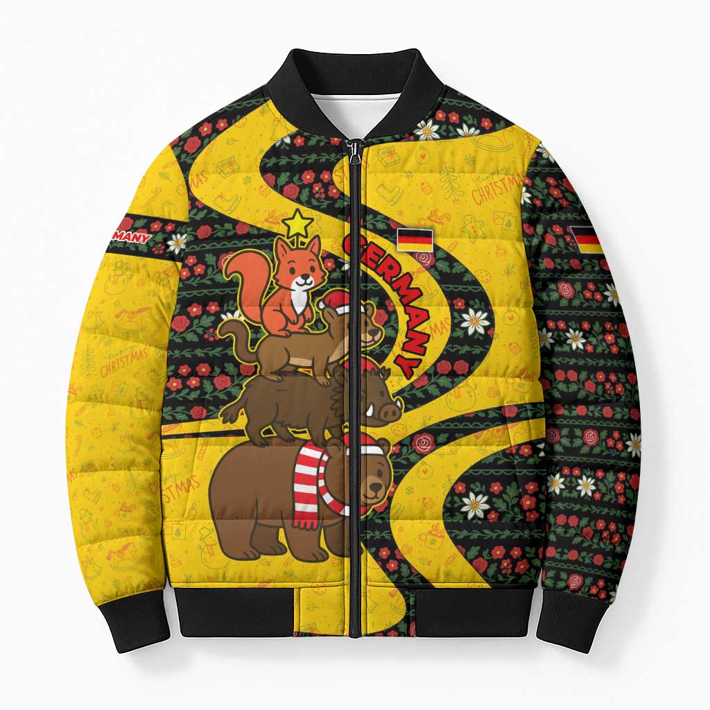 Germany Christmas Bomber Puffer Jacket with Bear Boar Otter Squirrel and Holiday Pattern Design - Wonder Print Shop