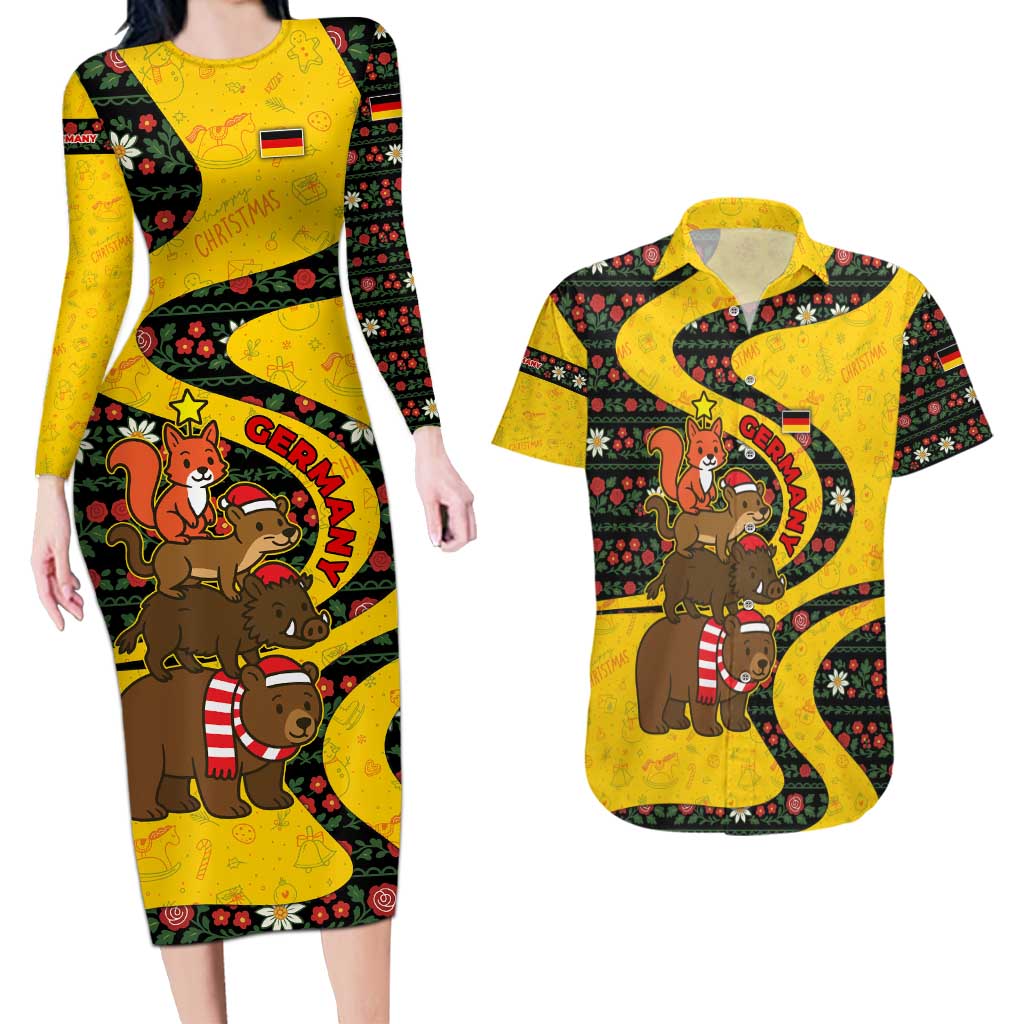 Germany Christmas Couples Matching Long Sleeve Bodycon Dress and Hawaiian Shirt with Bear Boar Otter Squirrel and Holiday Pattern Design - Wonder Print Shop