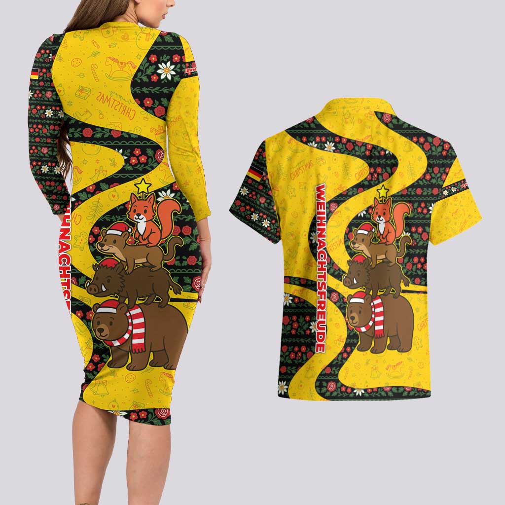 Germany Christmas Couples Matching Long Sleeve Bodycon Dress and Hawaiian Shirt with Bear Boar Otter Squirrel and Holiday Pattern Design - Wonder Print Shop