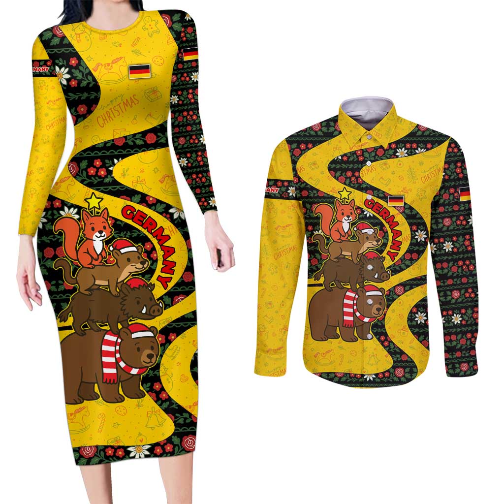 Germany Christmas Couples Matching Long Sleeve Bodycon Dress and Long Sleeve Button Shirt with Bear Boar Otter Squirrel and Holiday Pattern Design - Wonder Print Shop
