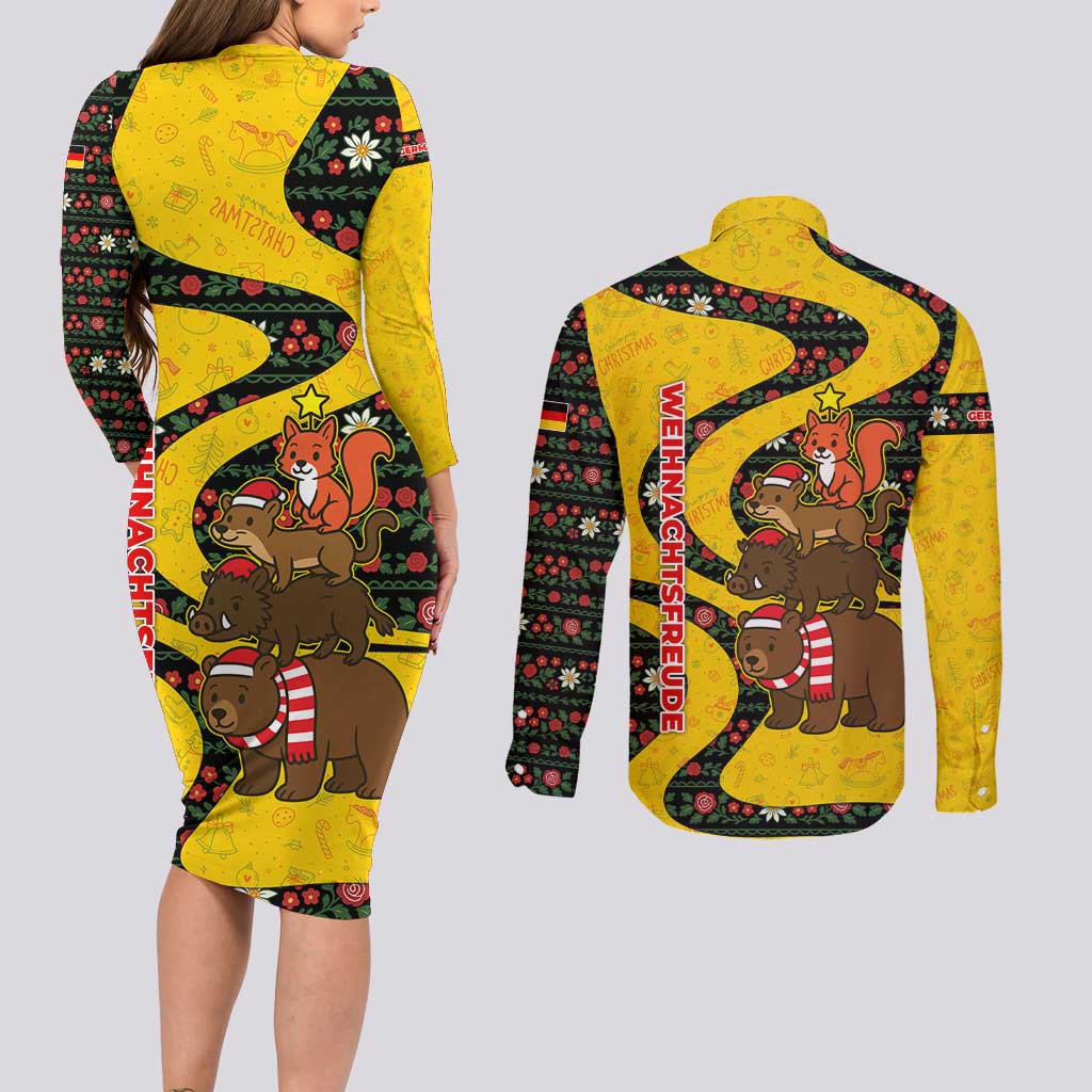 Germany Christmas Couples Matching Long Sleeve Bodycon Dress and Long Sleeve Button Shirt with Bear Boar Otter Squirrel and Holiday Pattern Design - Wonder Print Shop