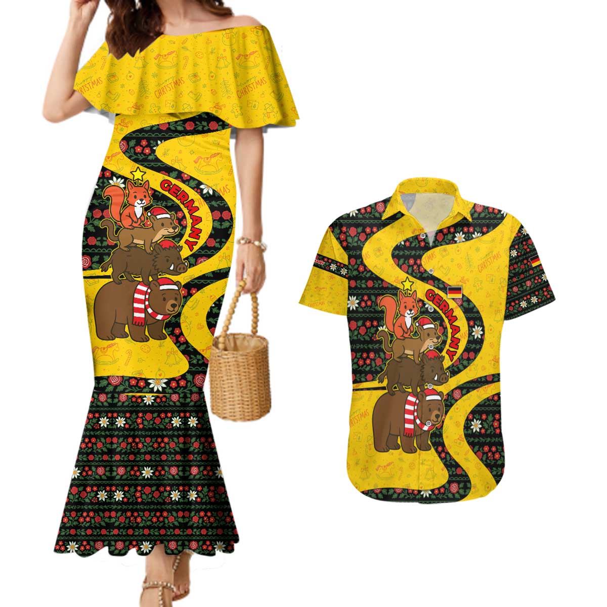 Germany Christmas Couples Matching Mermaid Dress and Hawaiian Shirt with Bear Boar Otter Squirrel and Holiday Pattern Design - Wonder Print Shop