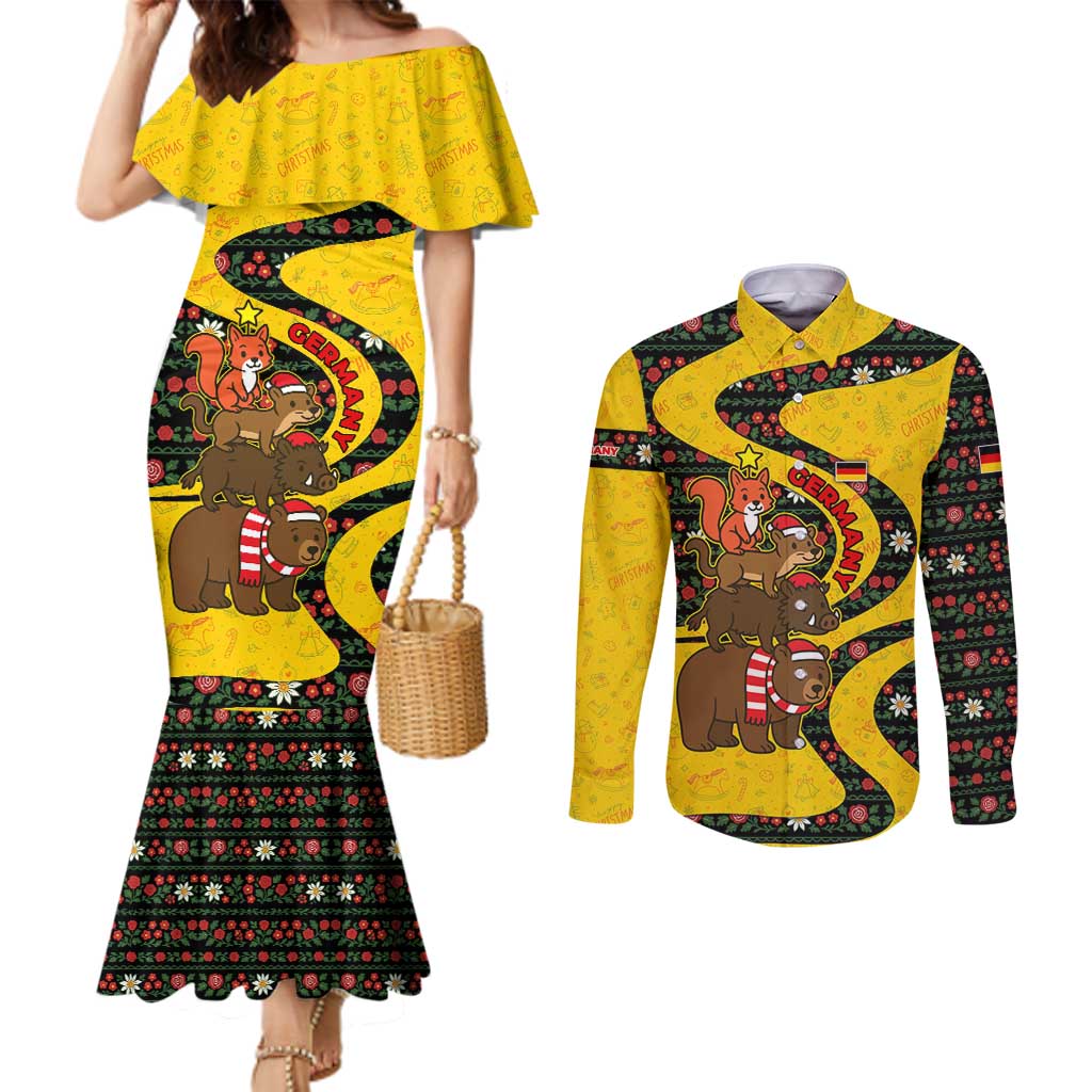 Germany Christmas Couples Matching Mermaid Dress and Long Sleeve Button Shirt with Bear Boar Otter Squirrel and Holiday Pattern Design - Wonder Print Shop
