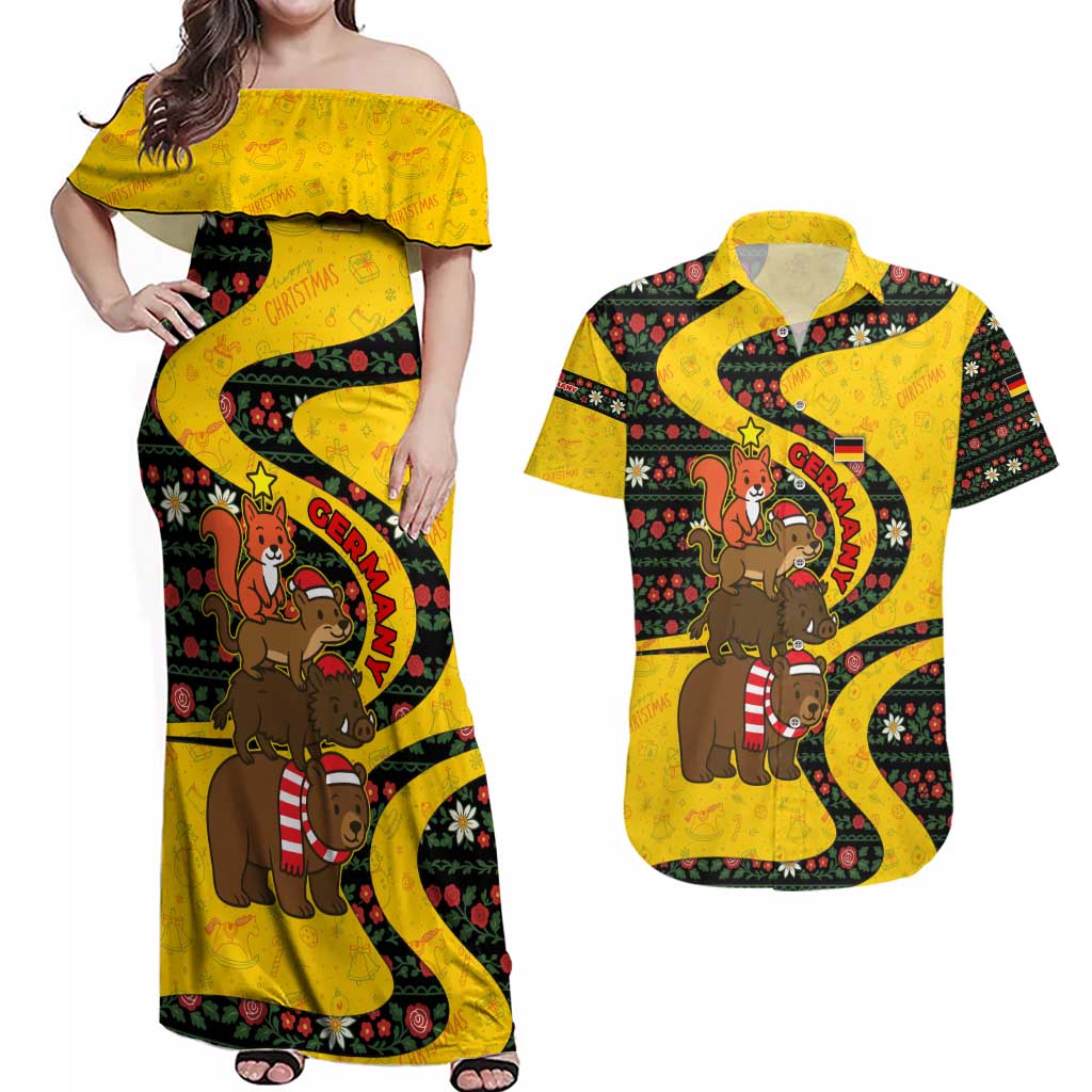 Germany Christmas Couples Matching Off Shoulder Maxi Dress and Hawaiian Shirt with Bear Boar Otter Squirrel and Holiday Pattern Design - Wonder Print Shop