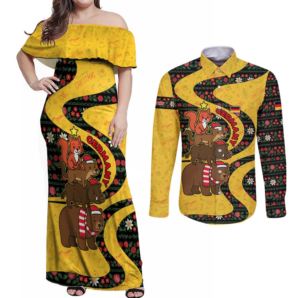Germany Christmas Couples Matching Off Shoulder Maxi Dress and Long Sleeve Button Shirt with Bear Boar Otter Squirrel and Holiday Pattern Design - Wonder Print Shop