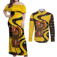 Germany Christmas Couples Matching Off Shoulder Maxi Dress and Long Sleeve Button Shirt with Bear Boar Otter Squirrel and Holiday Pattern Design - Wonder Print Shop