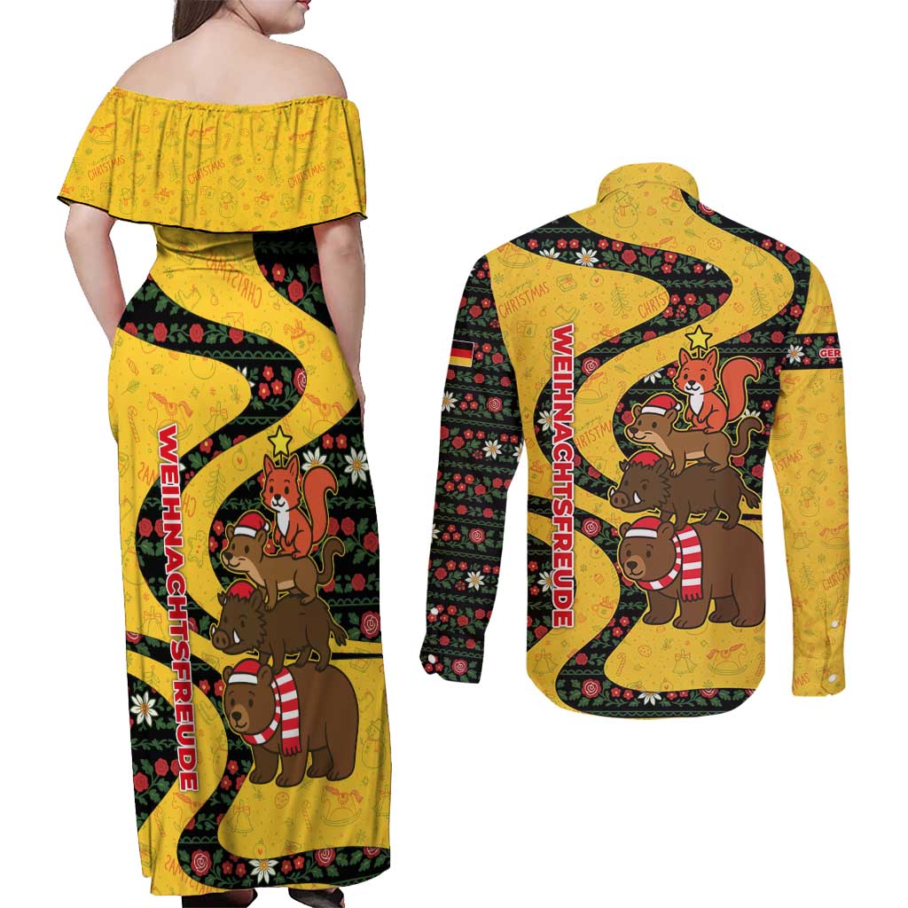 Germany Christmas Couples Matching Off Shoulder Maxi Dress and Long Sleeve Button Shirt with Bear Boar Otter Squirrel and Holiday Pattern Design - Wonder Print Shop