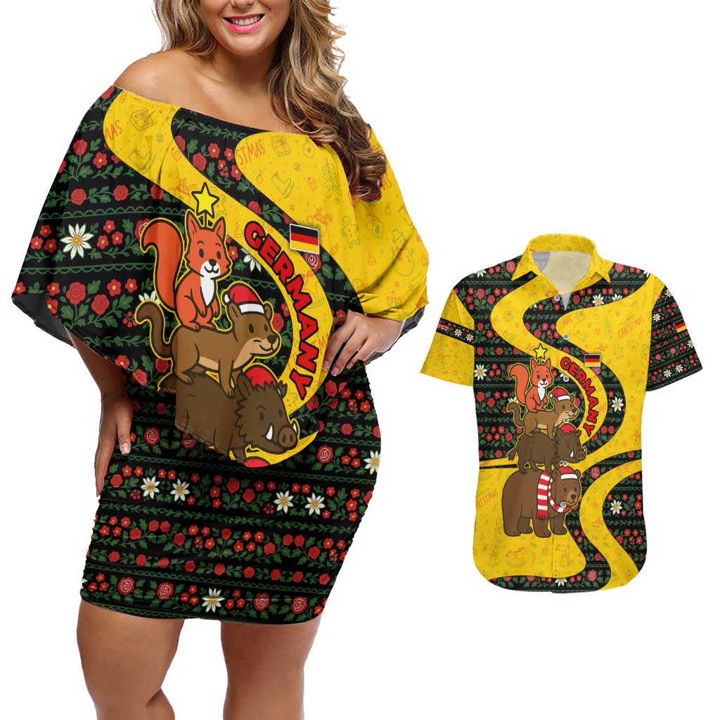 Germany Christmas Couples Matching Off Shoulder Short Dress and Hawaiian Shirt with Bear Boar Otter Squirrel and Holiday Pattern Design - Wonder Print Shop