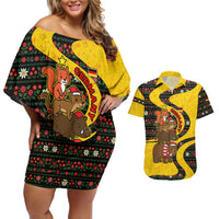Germany Christmas Couples Matching Off Shoulder Short Dress and Hawaiian Shirt with Bear Boar Otter Squirrel and Holiday Pattern Design - Wonder Print Shop