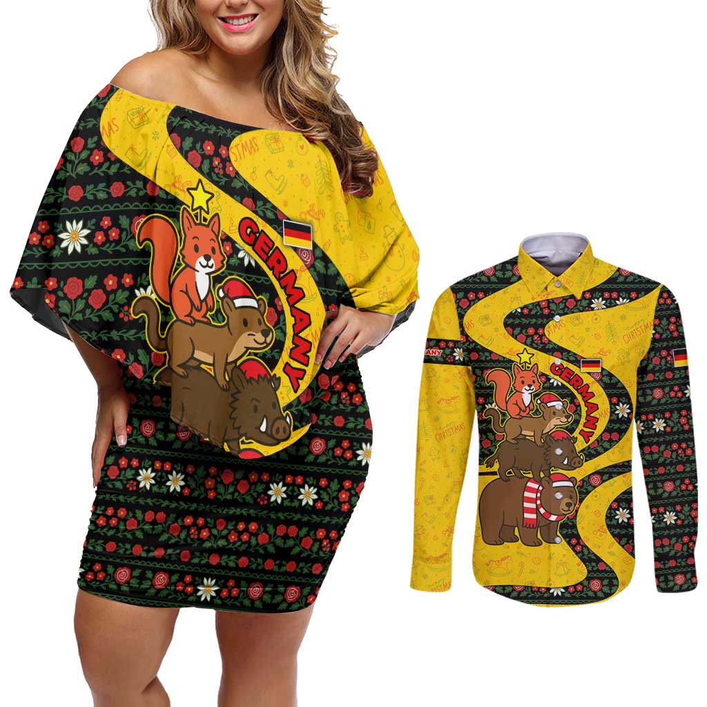 Germany Christmas Couples Matching Off Shoulder Short Dress and Long Sleeve Button Shirt with Bear Boar Otter Squirrel and Holiday Pattern Design - Wonder Print Shop