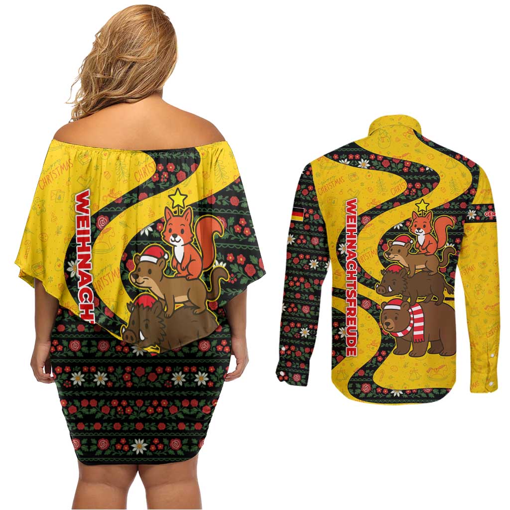 Germany Christmas Couples Matching Off Shoulder Short Dress and Long Sleeve Button Shirt with Bear Boar Otter Squirrel and Holiday Pattern Design - Wonder Print Shop