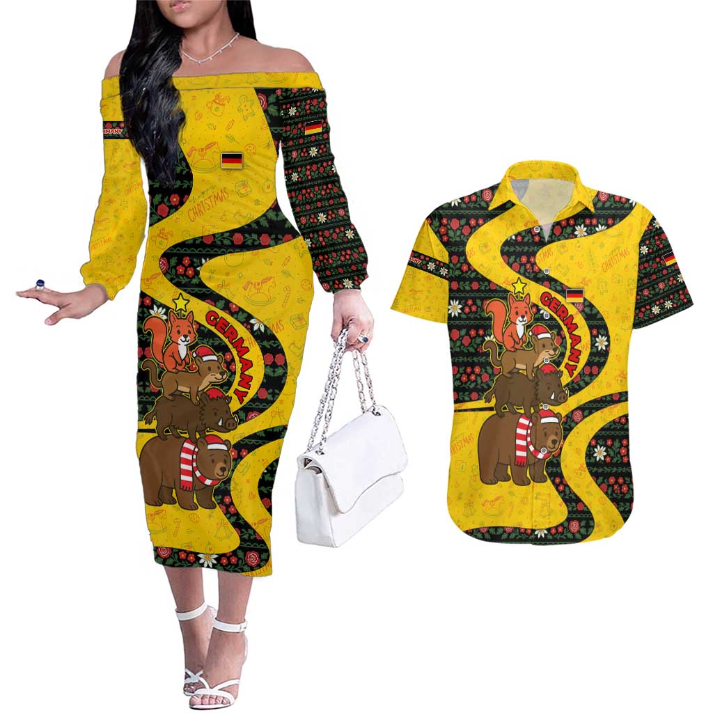 Germany Christmas Couples Matching Off The Shoulder Long Sleeve Dress and Hawaiian Shirt with Bear Boar Otter Squirrel and Holiday Pattern Design - Wonder Print Shop