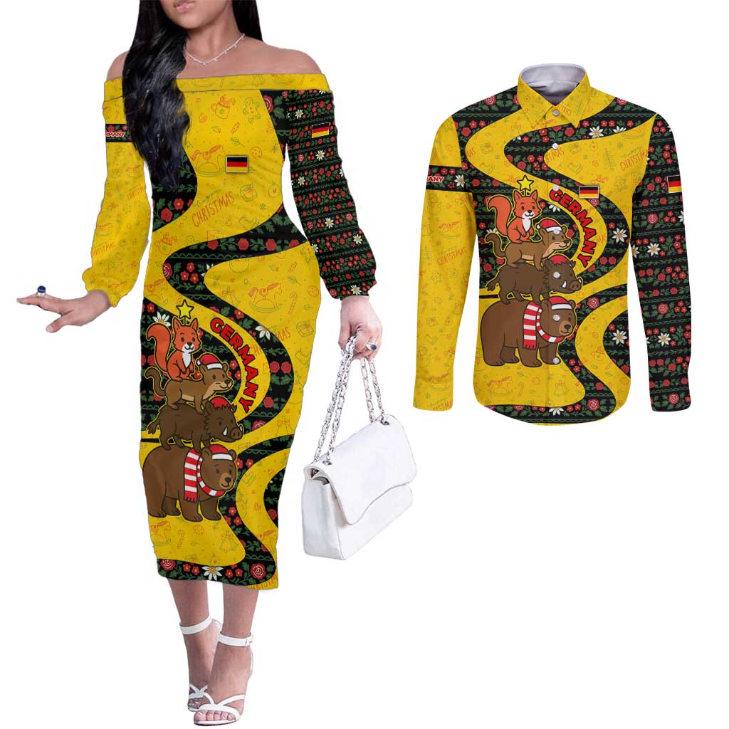 Germany Christmas Couples Matching Off The Shoulder Long Sleeve Dress and Long Sleeve Button Shirt with Bear Boar Otter Squirrel and Holiday Pattern Design - Wonder Print Shop