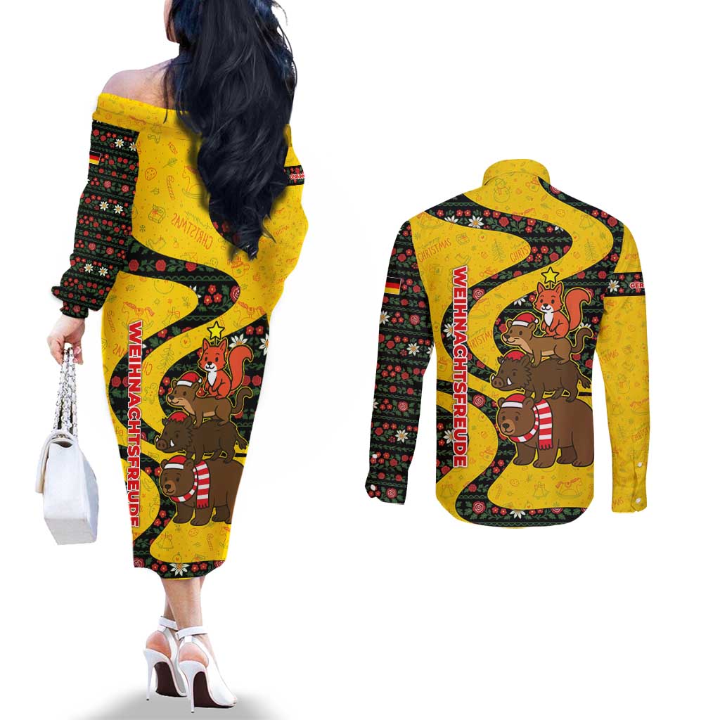 Germany Christmas Couples Matching Off The Shoulder Long Sleeve Dress and Long Sleeve Button Shirt with Bear Boar Otter Squirrel and Holiday Pattern Design - Wonder Print Shop