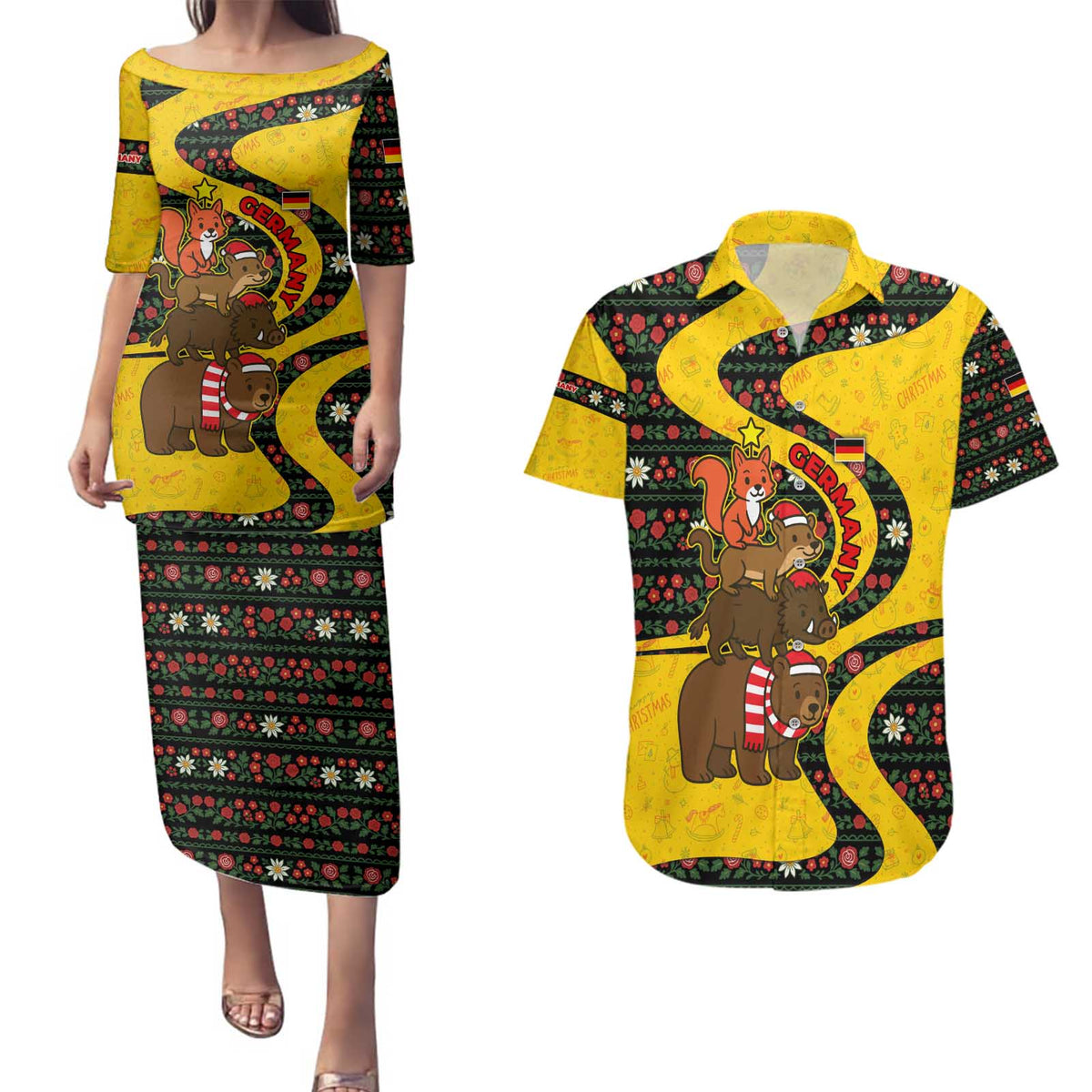 Germany Christmas Couples Matching Puletasi and Hawaiian Shirt with Bear Boar Otter Squirrel and Holiday Pattern Design - Wonder Print Shop