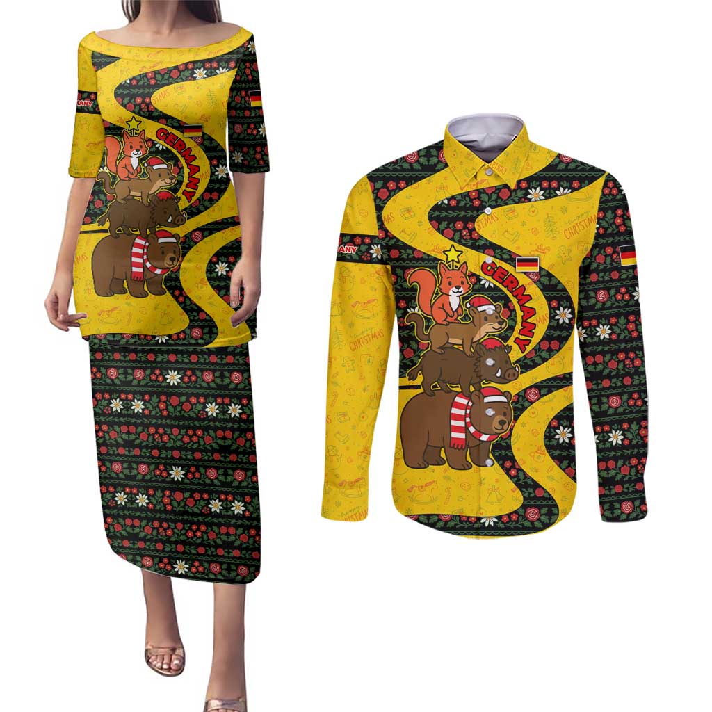 Germany Christmas Couples Matching Puletasi and Long Sleeve Button Shirt with Bear Boar Otter Squirrel and Holiday Pattern Design - Wonder Print Shop