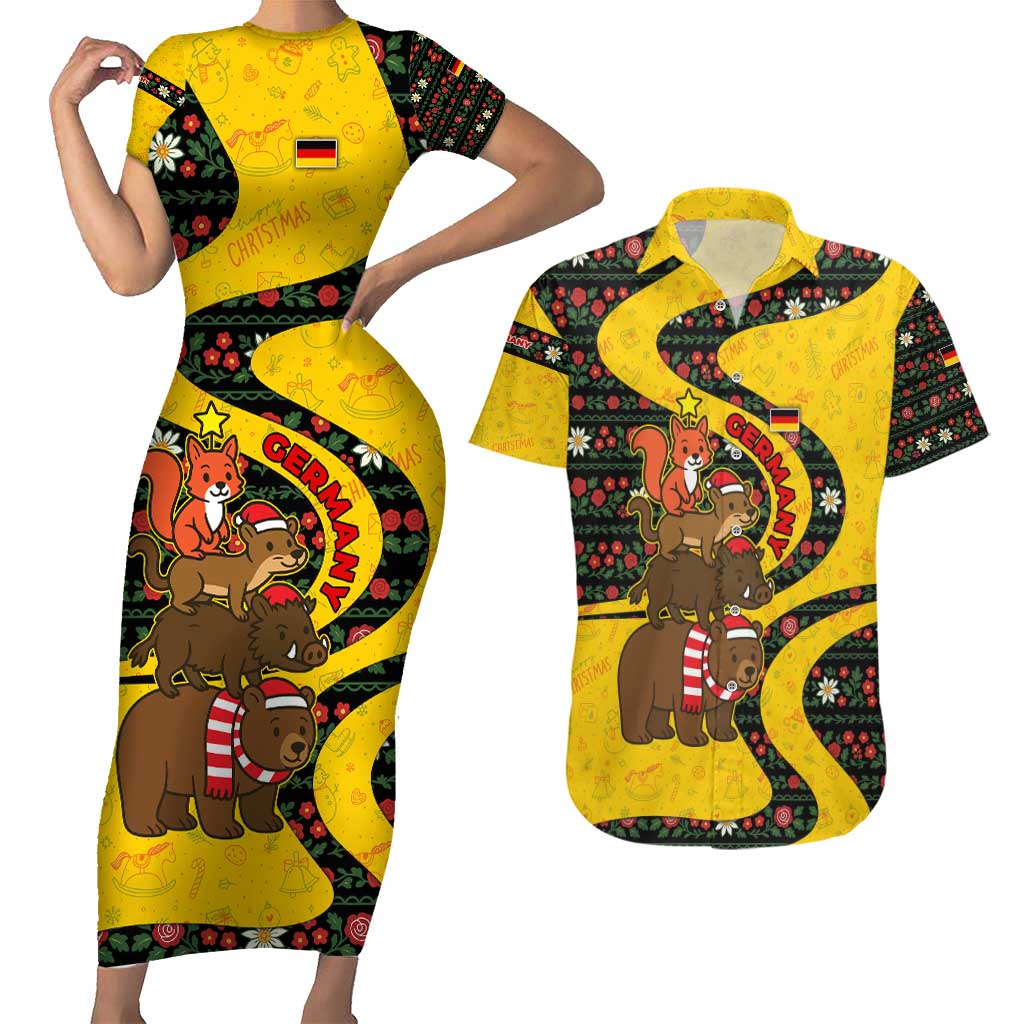 Germany Christmas Couples Matching Short Sleeve Bodycon Dress and Hawaiian Shirt with Bear Boar Otter Squirrel and Holiday Pattern Design - Wonder Print Shop