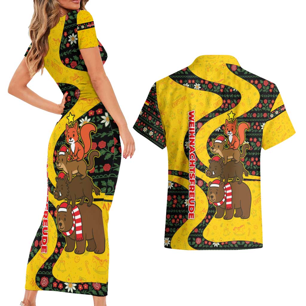 Germany Christmas Couples Matching Short Sleeve Bodycon Dress and Hawaiian Shirt with Bear Boar Otter Squirrel and Holiday Pattern Design - Wonder Print Shop