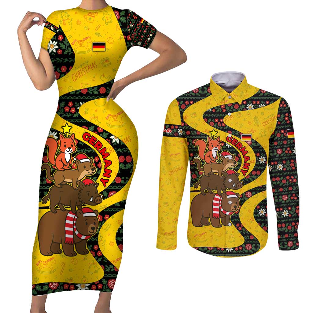 Germany Christmas Couples Matching Short Sleeve Bodycon Dress and Long Sleeve Button Shirt with Bear Boar Otter Squirrel and Holiday Pattern Design - Wonder Print Shop