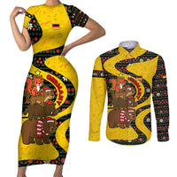 Germany Christmas Couples Matching Short Sleeve Bodycon Dress and Long Sleeve Button Shirt with Bear Boar Otter Squirrel and Holiday Pattern Design - Wonder Print Shop