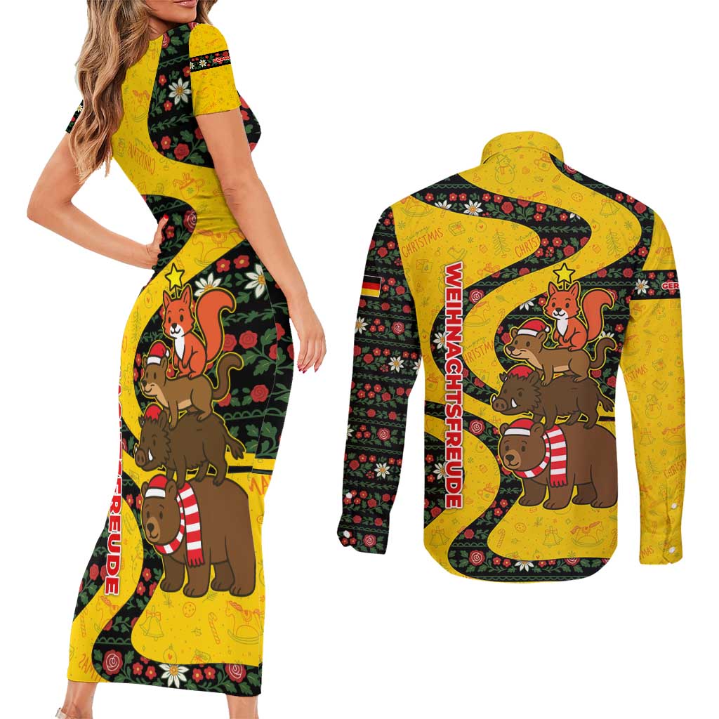 Germany Christmas Couples Matching Short Sleeve Bodycon Dress and Long Sleeve Button Shirt with Bear Boar Otter Squirrel and Holiday Pattern Design - Wonder Print Shop