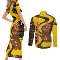 Germany Christmas Couples Matching Short Sleeve Bodycon Dress and Long Sleeve Button Shirt with Bear Boar Otter Squirrel and Holiday Pattern Design - Wonder Print Shop
