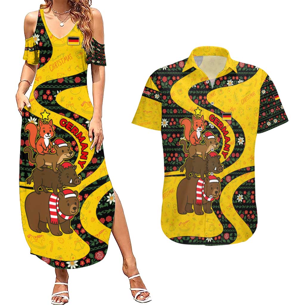 Germany Christmas Couples Matching Summer Maxi Dress and Hawaiian Shirt with Bear Boar Otter Squirrel and Holiday Pattern Design - Wonder Print Shop