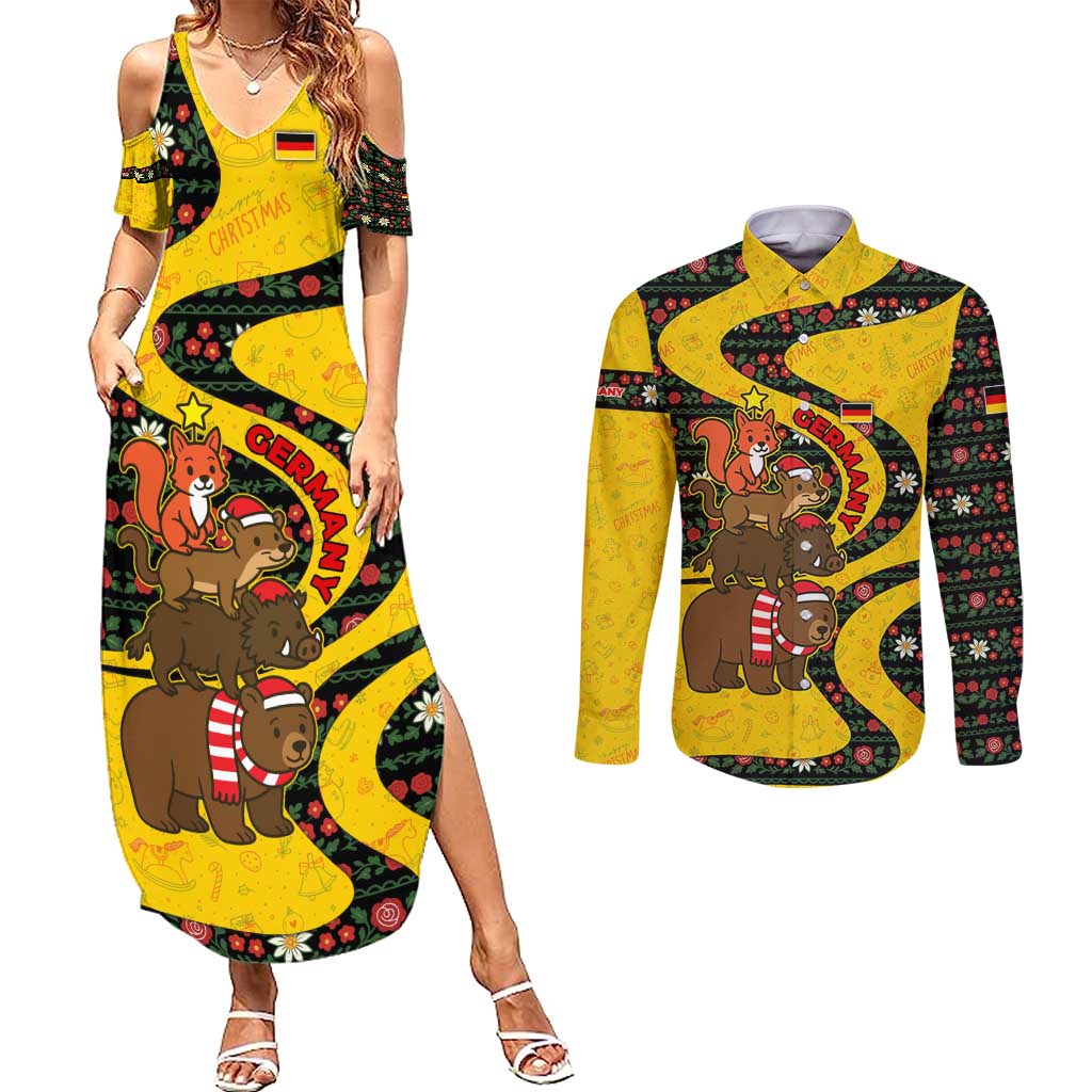 Germany Christmas Couples Matching Summer Maxi Dress and Long Sleeve Button Shirt with Bear Boar Otter Squirrel and Holiday Pattern Design - Wonder Print Shop