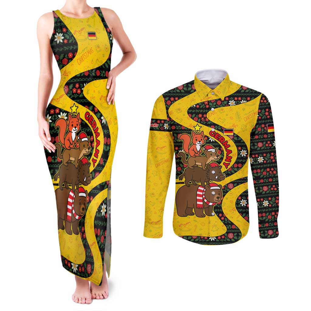 Germany Christmas Couples Matching Tank Maxi Dress and Long Sleeve Button Shirt with Bear Boar Otter Squirrel and Holiday Pattern Design - Wonder Print Shop