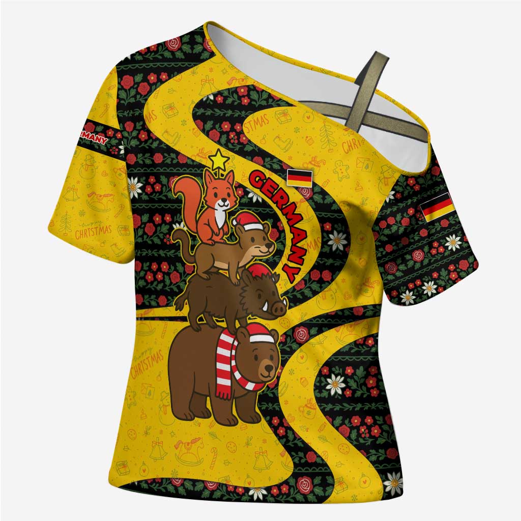 Germany Christmas Cross Shoulder Shirt with Bear Boar Otter Squirrel and Holiday Pattern Design - Wonder Print Shop