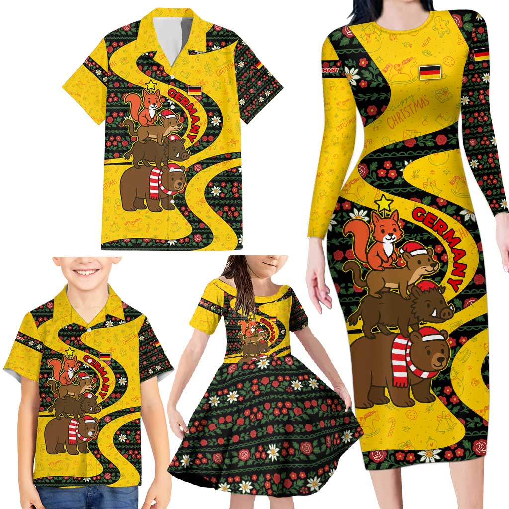 Germany Christmas Family Matching Long Sleeve Bodycon Dress and Hawaiian Shirt with Bear Boar Otter Squirrel and Holiday Pattern Design - Wonder Print Shop